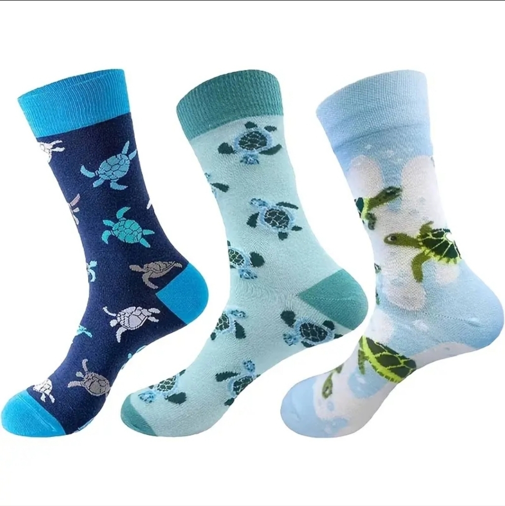 3 Pairs Cute Sea Turtle Pattern Crew Socks Navy, Mint & Light Blue